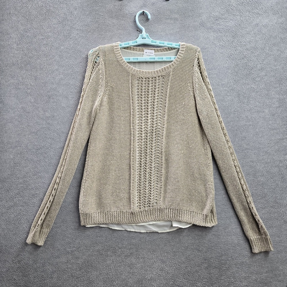 Lucky‎ Brand Women Sweater M Brown Layered Open Knit Crochet Long Sleeve